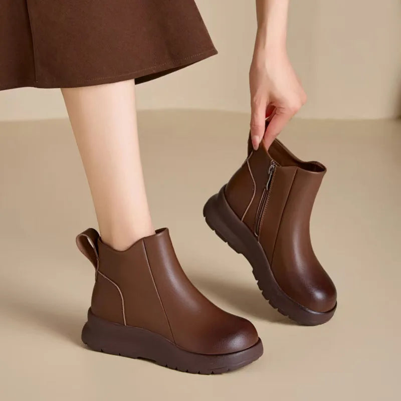 DRKANOL 2025 Thick Sole Platform Snow Ankle Boots For Women Wedges Heel Genuine Leather Short Boots Ladies Plush Fur Warm Shoes