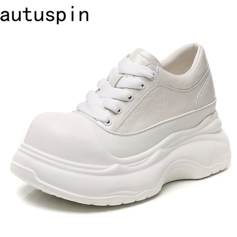 AUTUSPIN 7cm Fashion Shoes for Women 2025 Spring Summer Soft Leather Wide Toe Sneakers Leisure Woman Footwear Outdoor Casual
