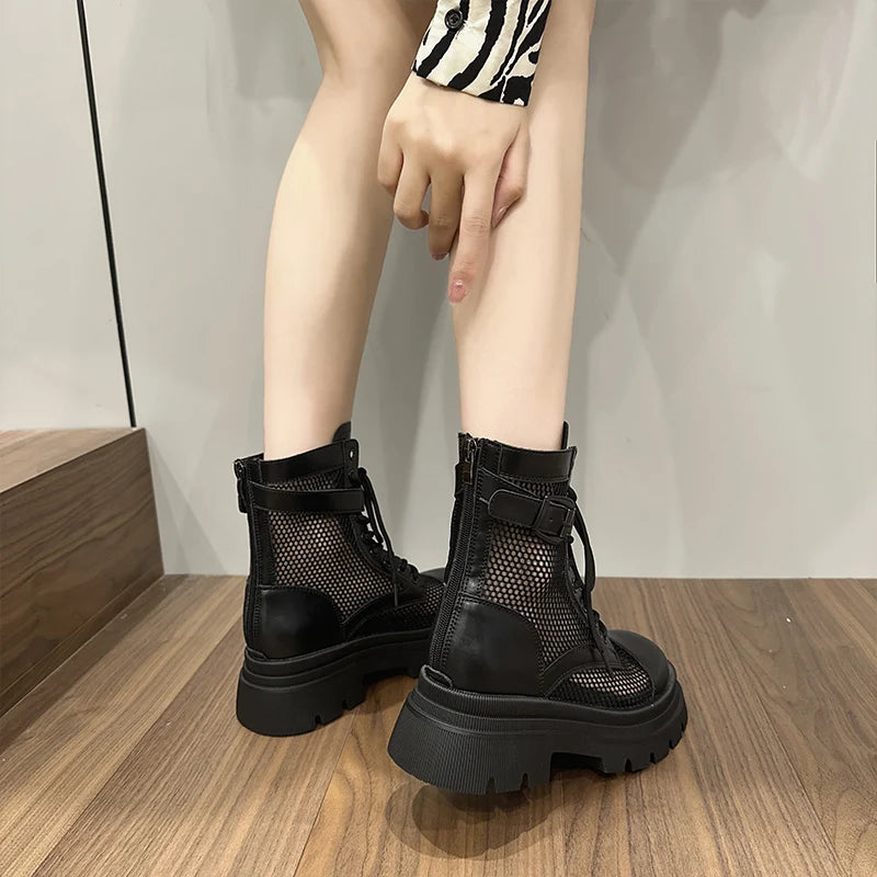 AUTUSPIN 35-40 Women Summer Mesh Ankle Boots Genuine Leather Flats Platform Ladies Short Booties Streetlish Woman Comfy Shoes