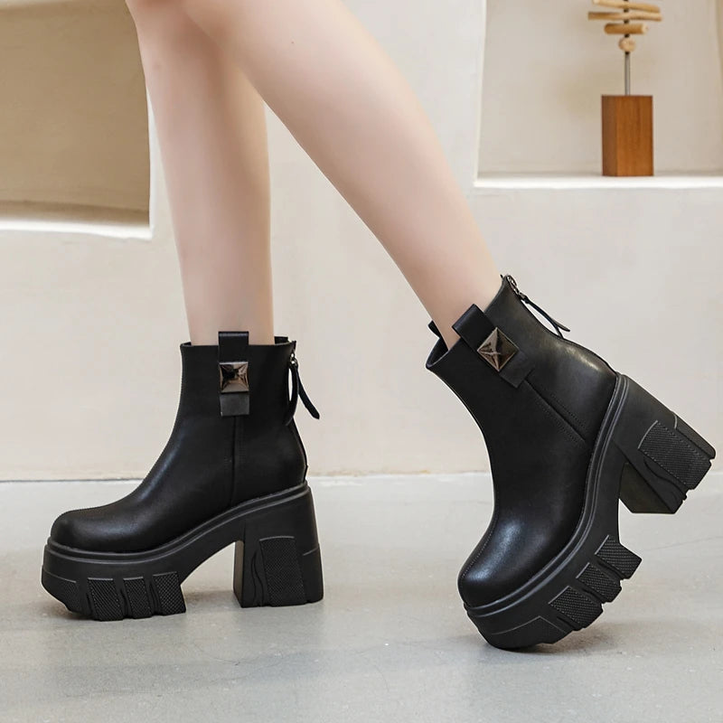 Autuspin 11cm High Platform Thick Heels Women Sexy Mature Nightclub Ankle Boots Ladies Split Leather Woman Fashion Shoes Booties