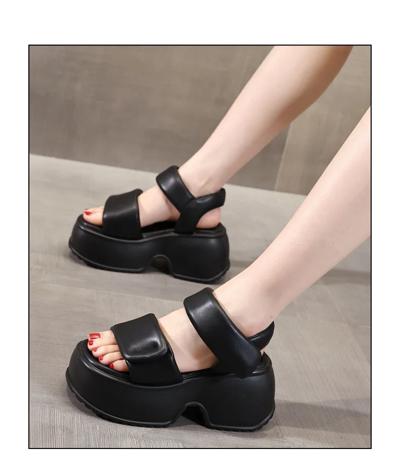 Fujin 8.5cm Platform Wedge Retro British Women Fashion Mules Ins Hot Sell Microfiber Leather Weave Sandals Ladies Shoes Summer