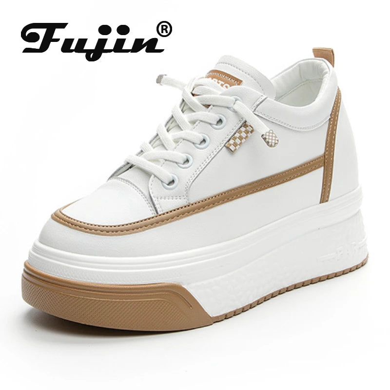 Fujin 7cm Genuine Leather Platform Wedge Winter Women Fashion Canvas Breathable Lady Super High Mixed Color Leisure Single Shoes