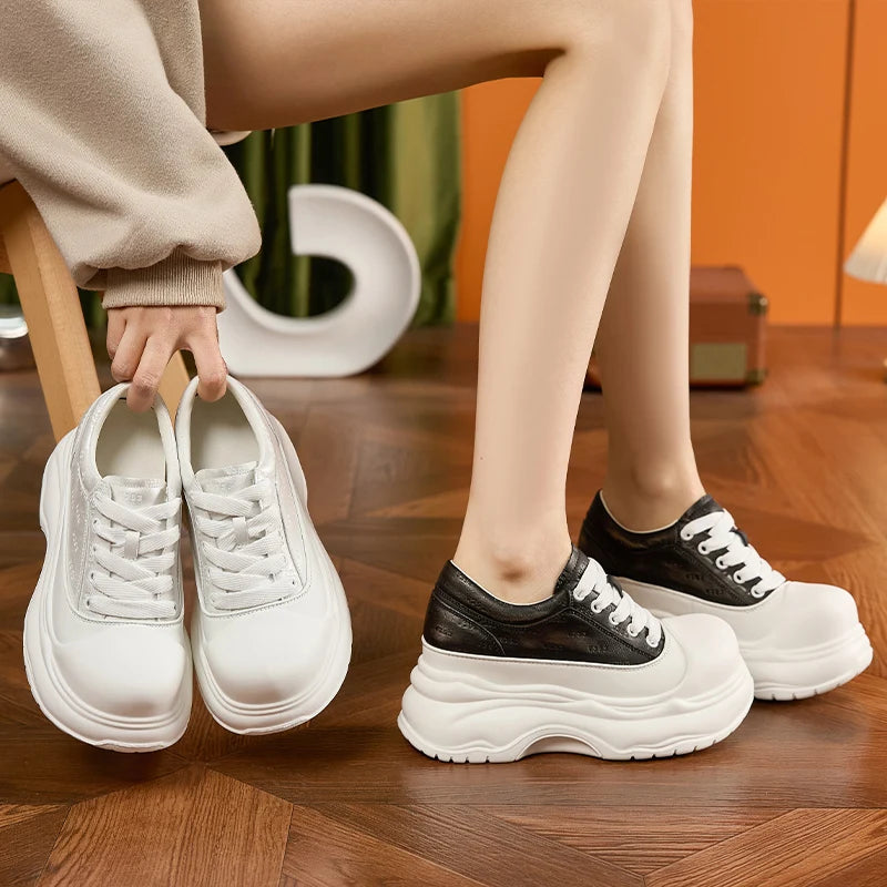 AUTUSPIN 6.5cm Chunky White Shoes for Women Summer Autumn Fashion Lace-up Platform Casual Shoes Female Flats Bottom Sneakers