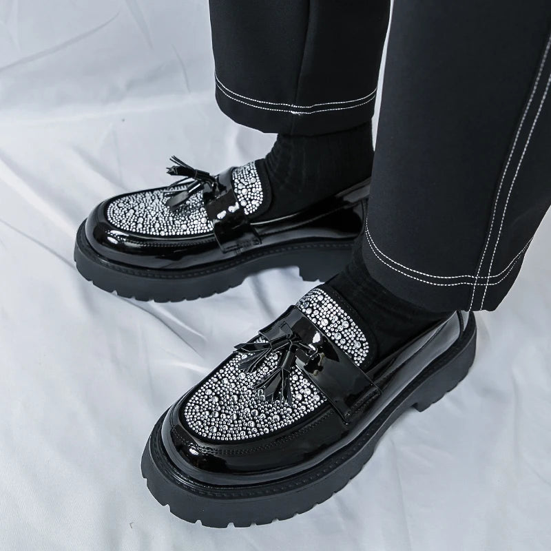 Men Shoes Fashion Loafers Casual Business Oxford Shoes Slip-On Tassel Rhinestone Dress Wedding Shoes Non-slip Thick Soled Shoes