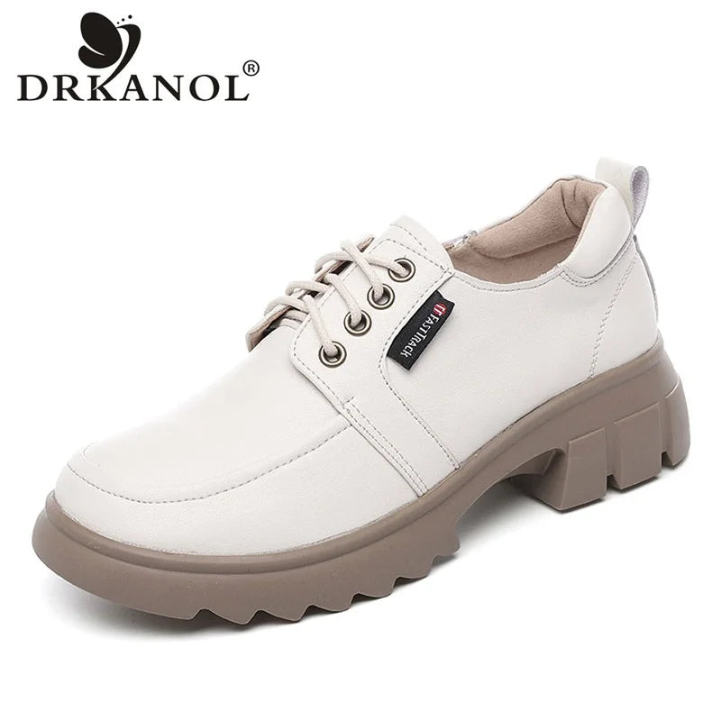 DRKANOL Fashion Women Shoes Lace-Up Round Toe Med Thick Heel Casual Shoes Ladies Real Cowhide Autumn Winter Warm Shoes H5089