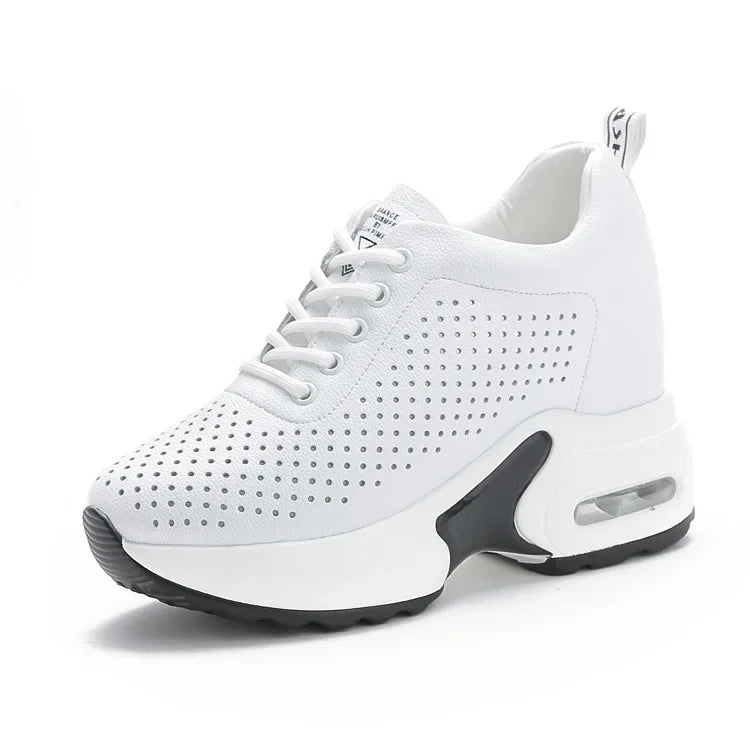 Fujin 8cm Wedge Heel Platform Shoes Chunky Sneakers Hollow Breathable Women Summer Sneakers Pumps Shoes Microfiber Leather Shoes
