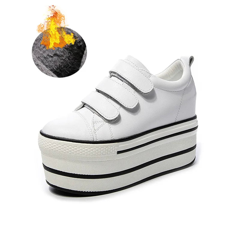 Fujin 12cm Genuine Leather New Women Shoes Platform Heel Platform Sneakers Wedge White Shoes Fashion Women Leather Shoes Casual