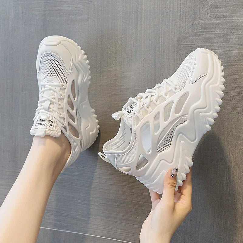 DRKANOL White Air Mesh Casual Sneakers Women 8cm Wedges Heel Height Increasing Chunky Platform Shoes Summer Breathable Shoes