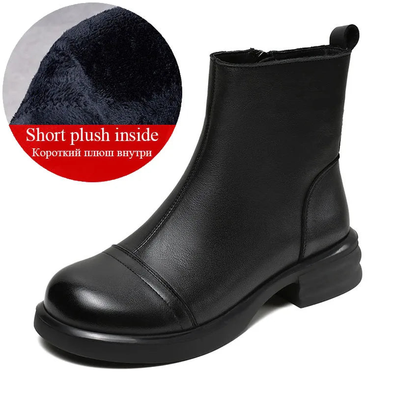DRKANOL Women Genuine Leather Boots 2025 Autumn Winter Warm Thick Heel Side Zipper Comfort Casual Ankle Chelsea Boots Beige
