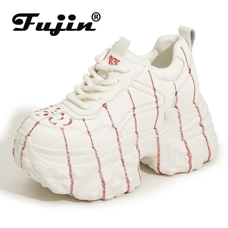 Fujin 10cm Microfiber Leather Chunky Sneakers Autumn Casual Platform Wedge Flats Spring Vulcanize Women High Brand Fashion Shoes