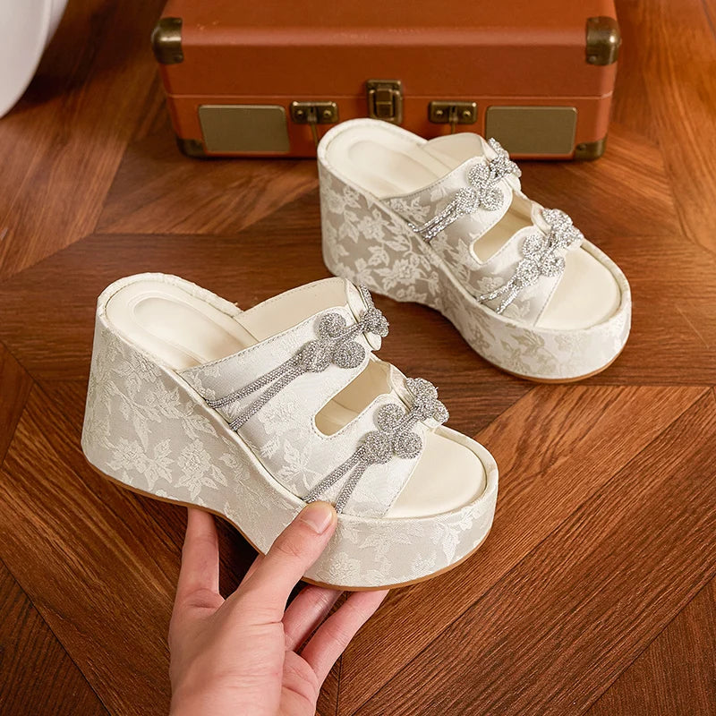 AUTUSPIN 10cm Wedges Heels Women Summer Sandals Ethnic Style Peep Toe Mules Shoes Female Party Wedding Dress Platform High Heel