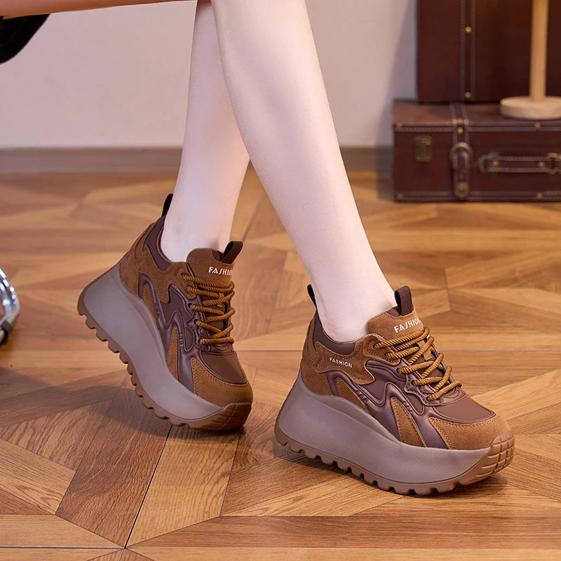 AUTUSPIN 7cm Women Retro Winter Shoes Oudoor Leisure Walking Warm Women's Vulcanize Shoes Ladies Brown Casual platform Sneakers