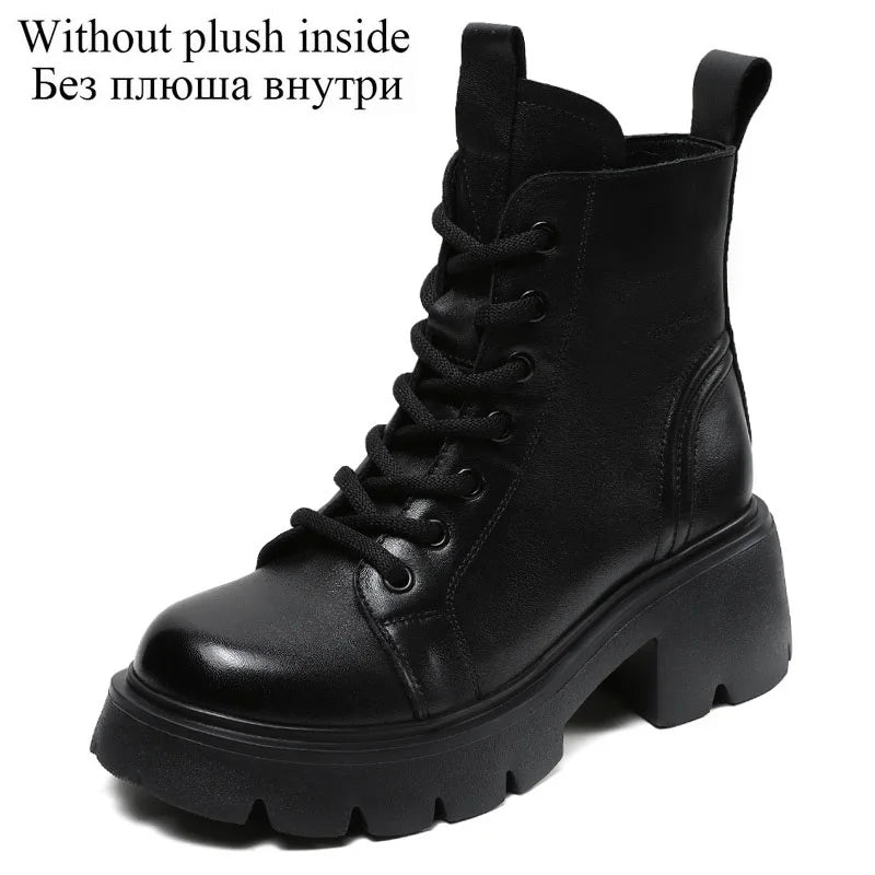 DRKANOL Genuine Cow Leather Ankle Boots For Women Height Increasing Thick High Heel Chunky Platform Autumn Winter Fur Warm Boots
