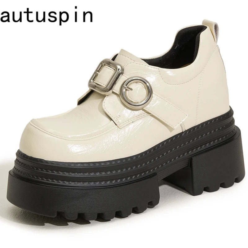 AUTUSPIN 2025 New Increased Internal Women Loafers Fashion Leather High Thick Heels Chunky Platform Ladies Tide Shoes Round Toe