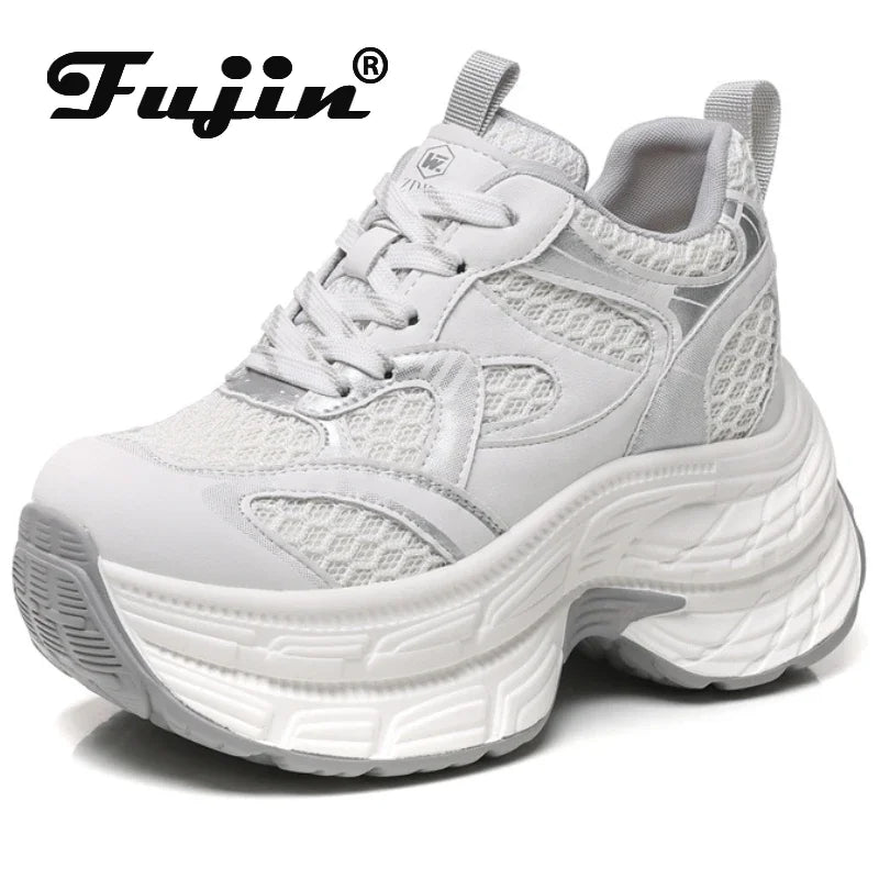 Koznoy 10.5cm Air Mesh Microfiber Leather Vulcanize Casual Women Summer Platform Sneakers Breathable High Brand Ladies Shoes