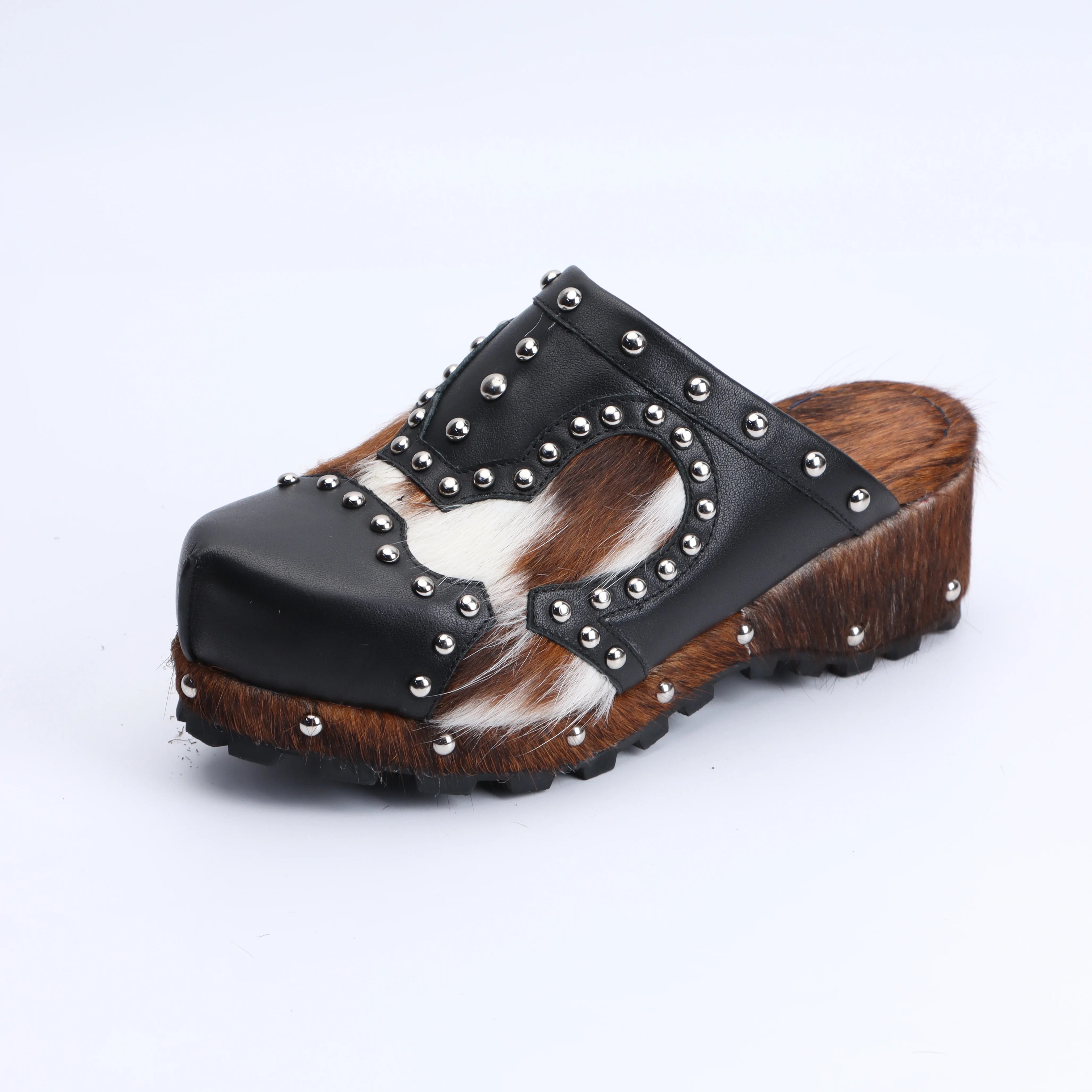 Luxury Designer Western Style Mule Sandals for Women, Handmade Cowhide Fur, Rubber Sole, Trendy 2025 Fashion Slides