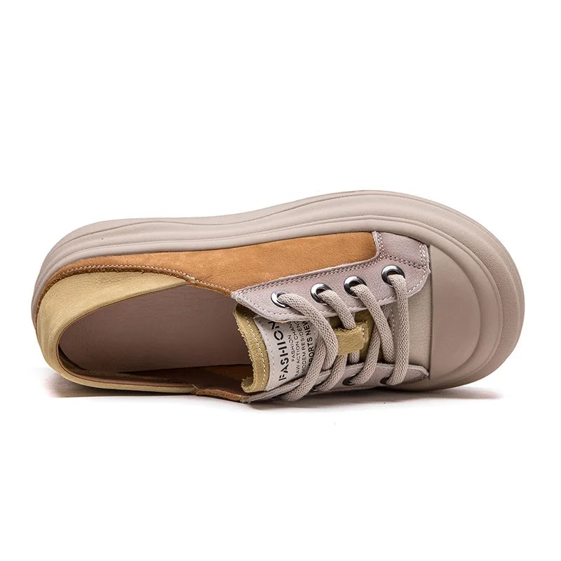 DRKANOL 2025 Women Casual Shoes Mixed Colors Genuine Leather Thick Bottom Chunky Platform Round Toe Women Board Shoes Footwear