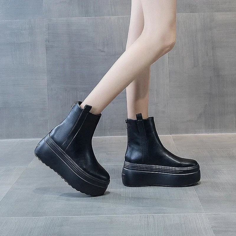 fujin Geunine Leather Super Thick Sole Women's Boots Genuine Leather Autumn Motorcycle Boots Ladies British Women's Ankle Boots