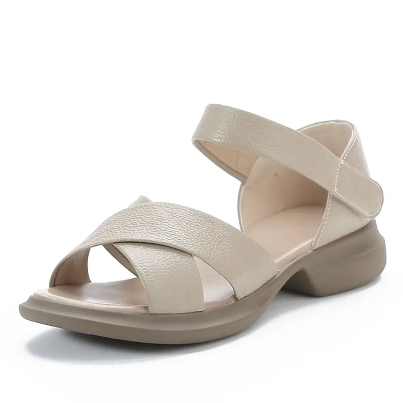 DRKANOL Women Sandals 2025 Summer Open Toe Shoes Solid Color Concise Genuine Leather Thick Heel Hook And Loop Casual Sandals