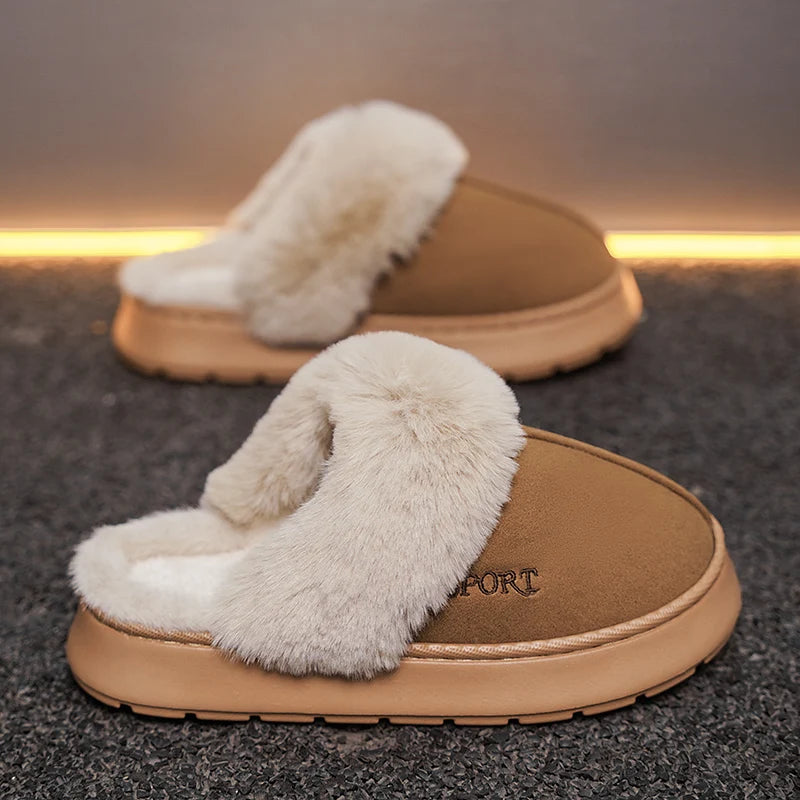 STRONGSHEN Men Fluffy Slippers Thick Sole Winter Warm Shoes For Couples Soft Fur Keep Warm Female Outdoor Fur Fuzzy Flat Shoes