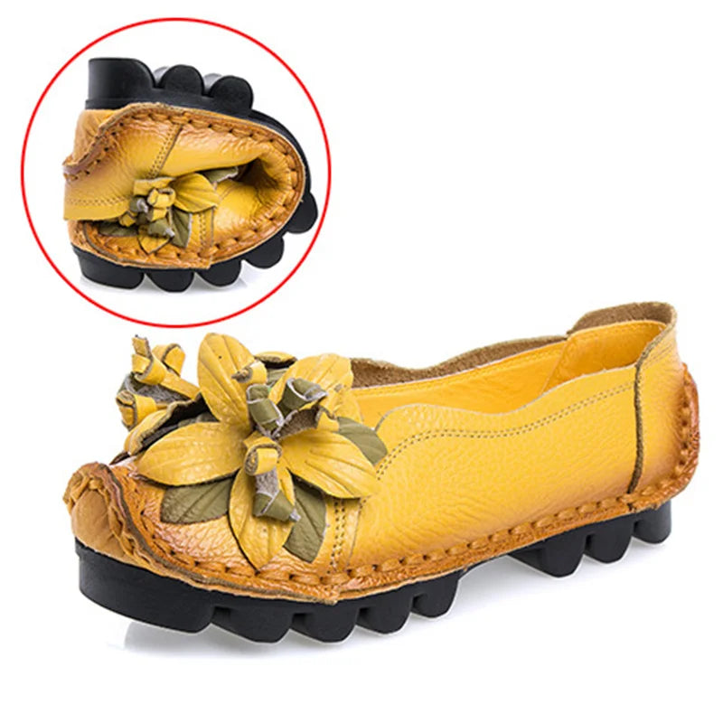 WOIZGIC Women Female Mother Ladies Genuine Leather Shoes Flats Loafers Non Slip On Flowers Retro Moccasins Plus Size 41 42