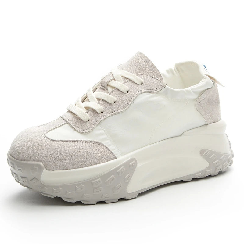 AUTUSPIN 7cm High Platform Women Sneakers 2024 Fashion Genuine Leather Splicing Fabric Footwear Female Casual Sport Shoes 33-40