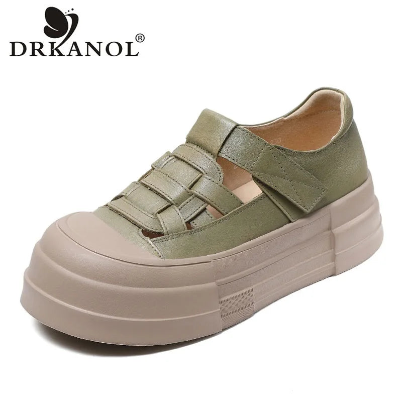DRKANOL 2025 Fashion Genuine Leather Chunky Platform Shoes Summer Woven Hollow Breathable Thick Bottom Loafer Casual Roman Shoes