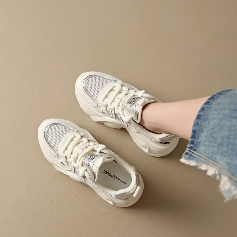Autuspin 8cm Heel Height Women Vulcanized Shoes Fashion Breathable Mesh Patchwork Leather Sneakers Woman Outdoor Leisure Popular