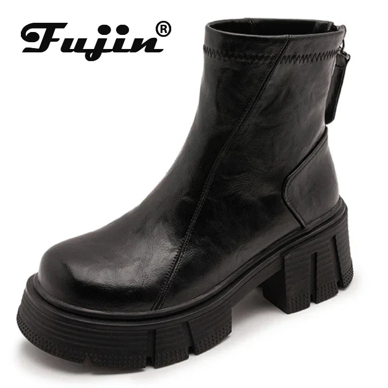 Fujin 7cm Genuine Leather Spring Round Toe Shoes Motorcycle Boots Women Ladies Fashion Chimney Autumn Moccasins Ankle Booties