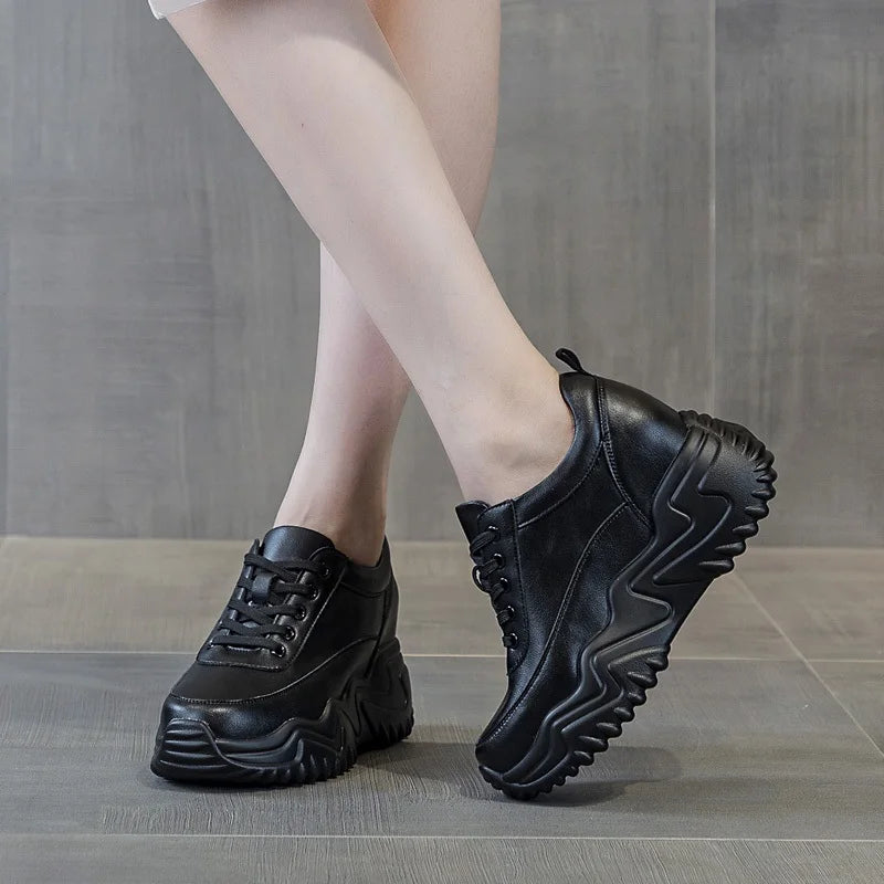 DRKANOL Fashion Platform Casual Sneakers Women Real Cowhide Thick Sole Wedges Heel Height Increasing Solid Color White Shoes