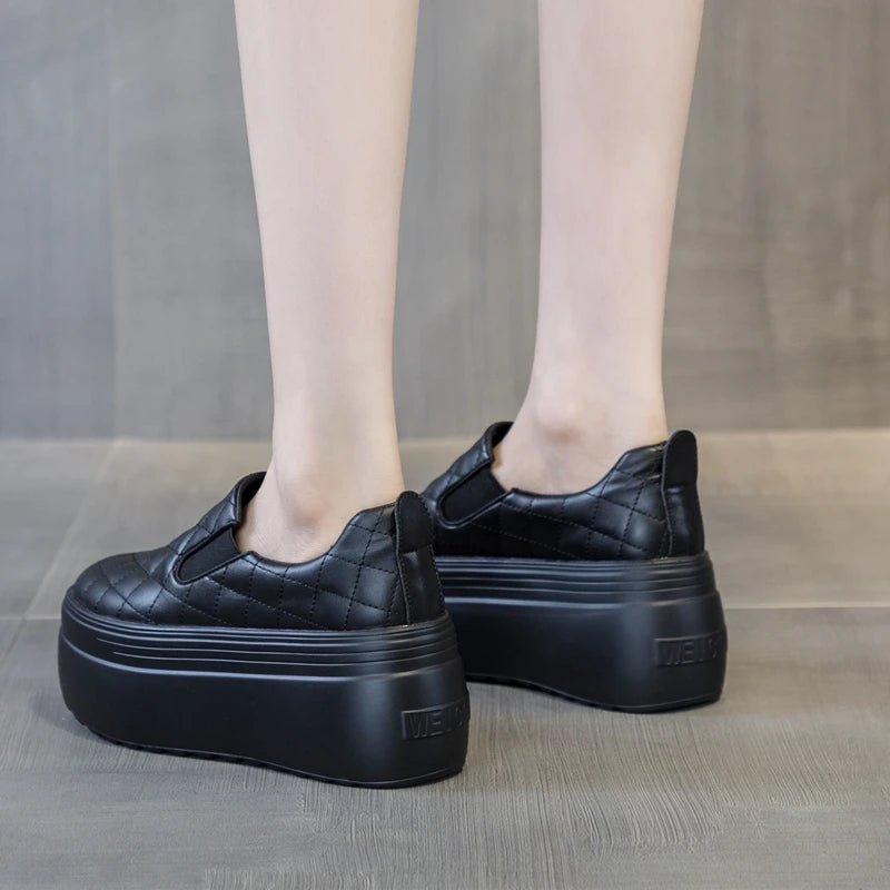 Autuspin High Platform Women Flats Summer Spring Fashion Round Toe Leather Casual Loafers Female Outdoor Daily Slip-on Shoes