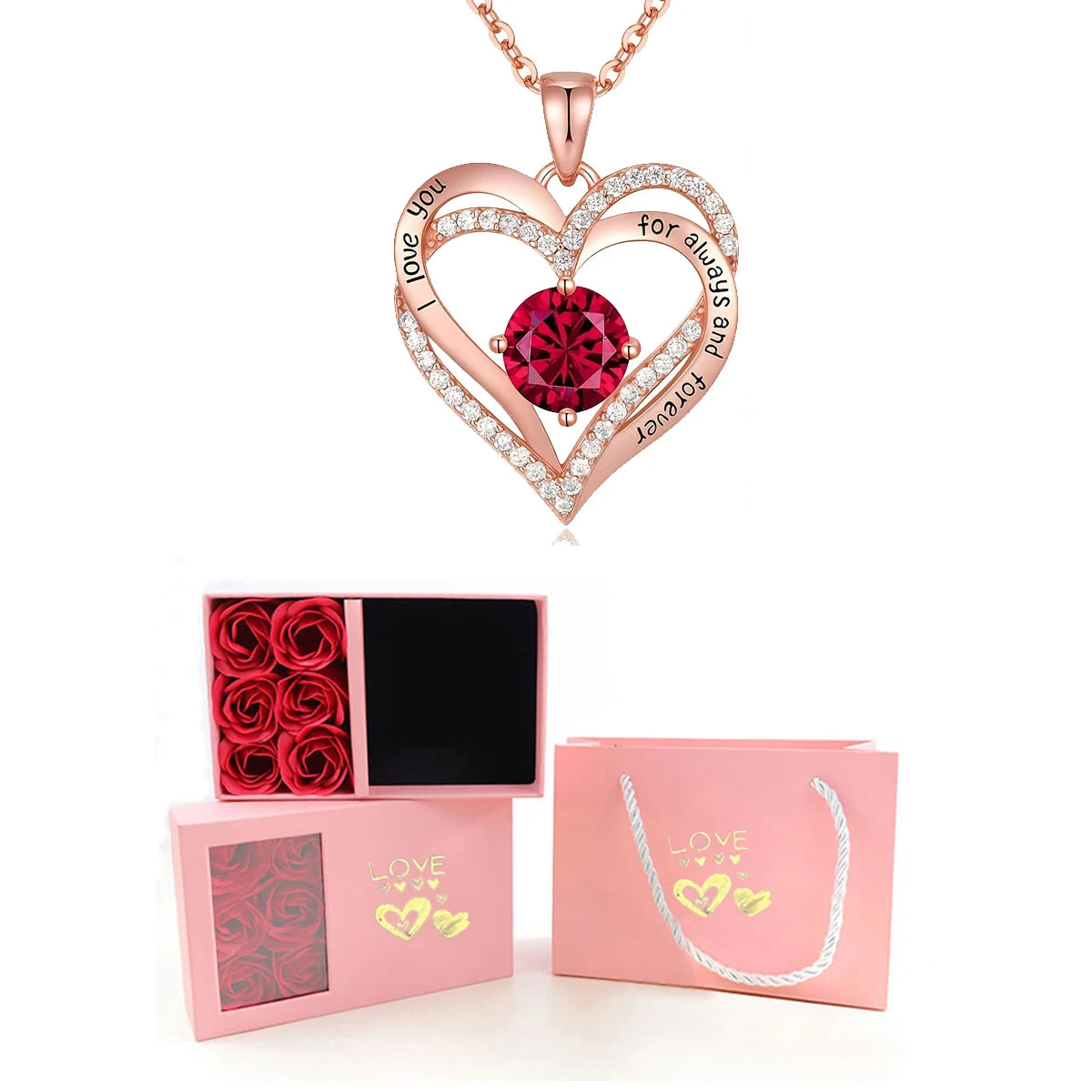 Luxury Red ZIrcon Heart Necklace With 6 Roses Gift Box For Mother Girlfriend Birthday Holiday Gifts 2024 Romantic Accessories