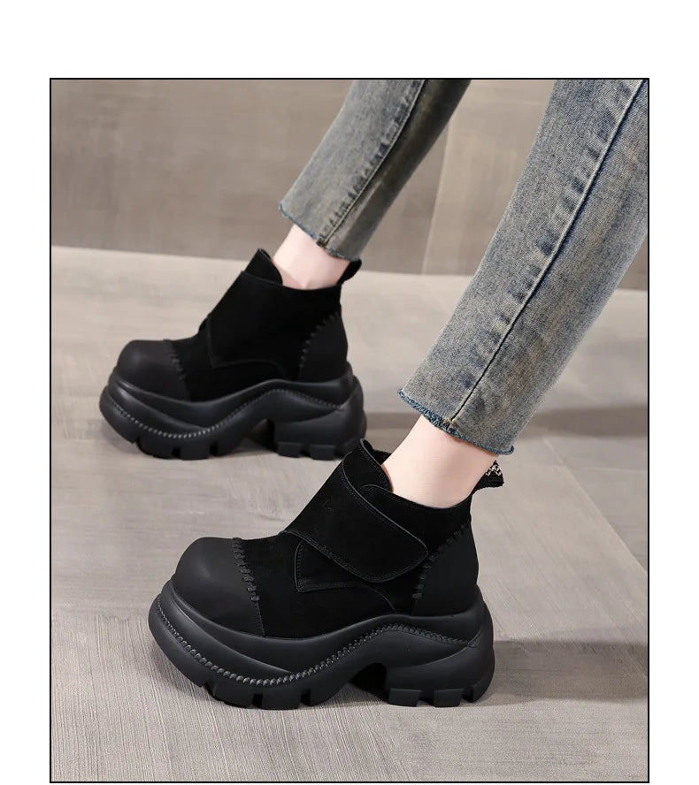 Fujin 9cm Genuine Leather Women Ankle Boots Chunky Heel Platform Booties Spring Autumn Shoes Comfortable Non Slip Fashion Boots