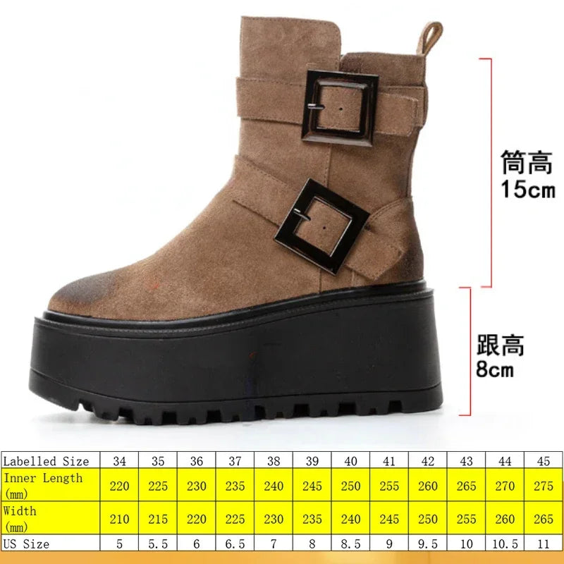 Fujin 8cm Suede Genuine Leather Ankle Booties Women Autumn Boot Flats Winter Plush Thick Sole Motorcycle Platform Wedge Shoes