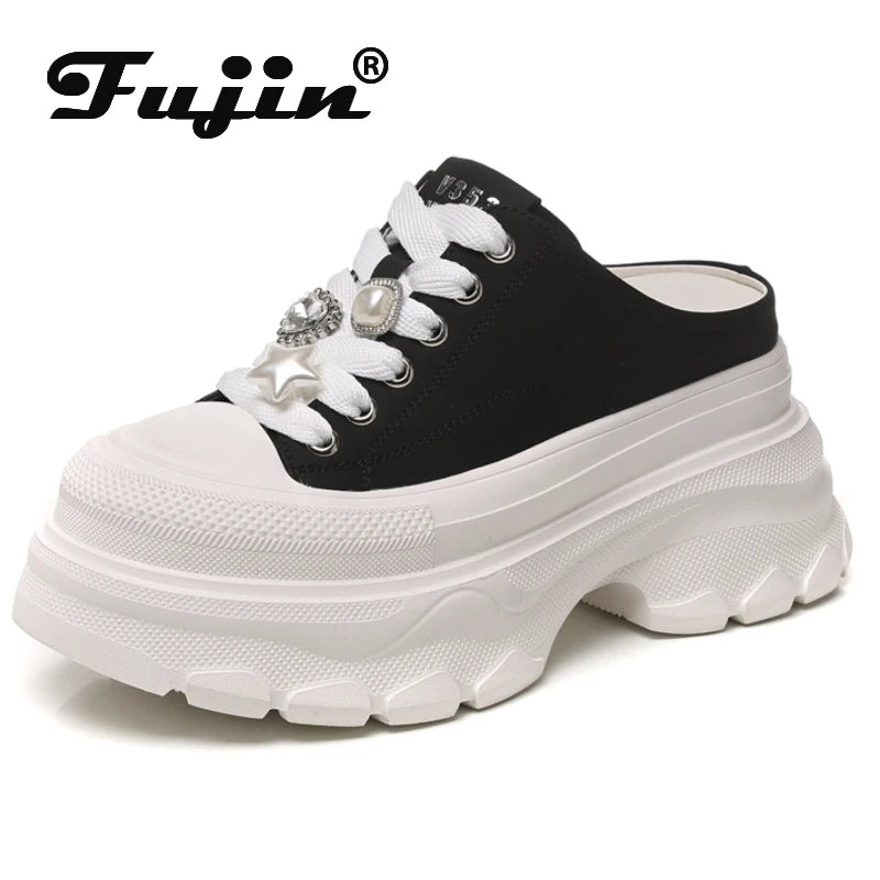 Fujin 9cm Denim Leather Platform Wedge Flats Shoes Chunky Sneaker Casual Comfy Platform Wedge High Brand Slipper Shoes