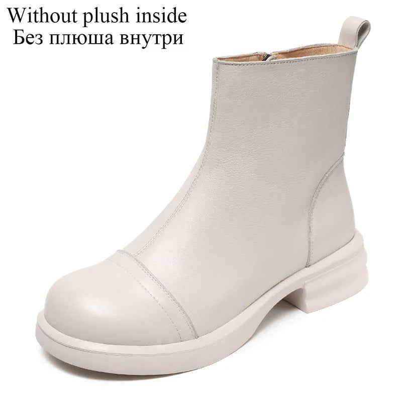 DRKANOL Women Genuine Leather Boots 2025 Autumn Winter Warm Thick Heel Side Zipper Comfort Casual Ankle Chelsea Boots Beige