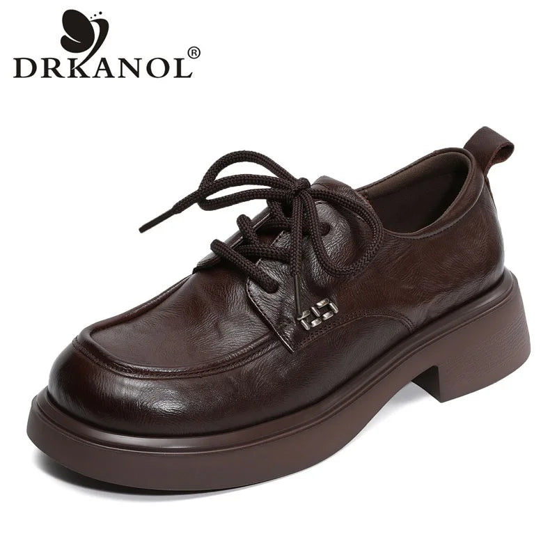 DRKANOL 2025 Women Genuine Leather Shoes Handmade Retro British Style Thick Heel Round Toe Comfort Casual Single Shoes H258569Z