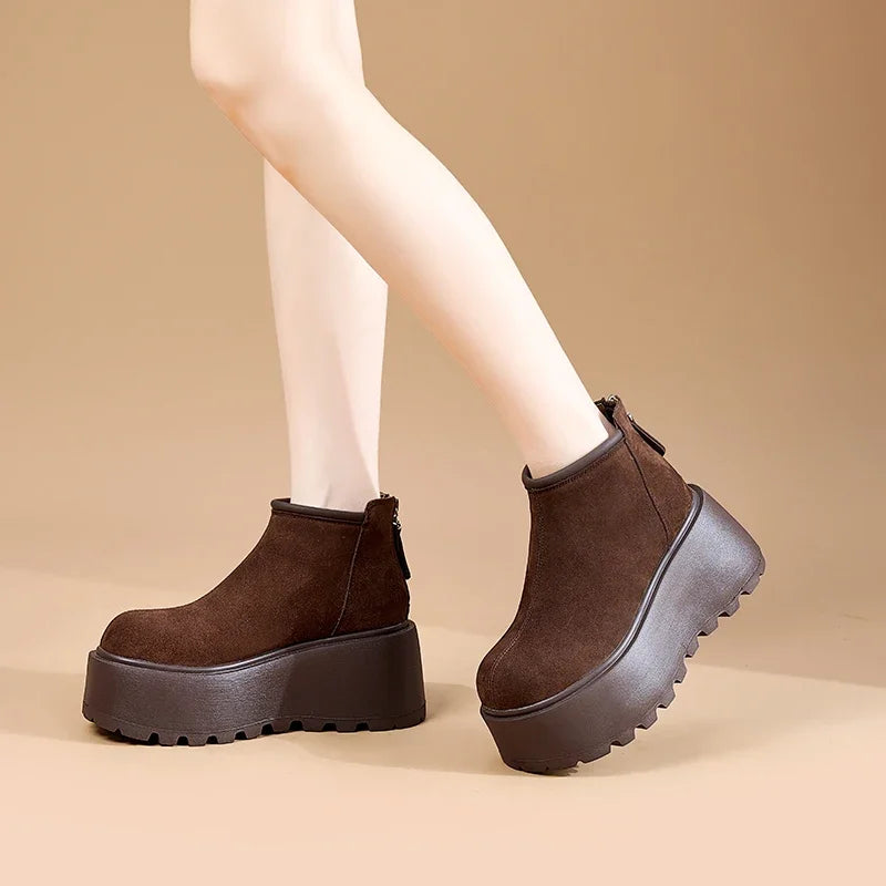 AUTUSPIN Outdoor Snow Boots Fot Women High Platform Concise Round Toe Warm Shoes Winter Flats Chunky Suede Leather Ankle Boot