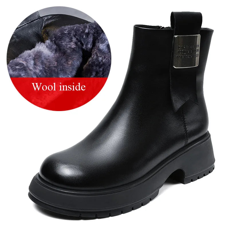 DRKANOL Fashion Women Winter Snow Boots 100% Natural Wool Genuine Cow Leather Thick Heel Platform Shearling Fur Warm Ankle Boots
