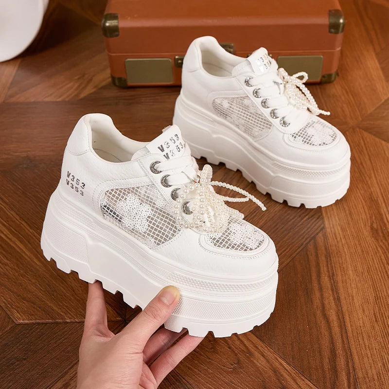 AUTUSPIN Designer Women Shoes Sequined Ladies Summer Mesh Leisure Vulcanize Sneakers Beads Lace-up Woman Platform Shoes 34-39