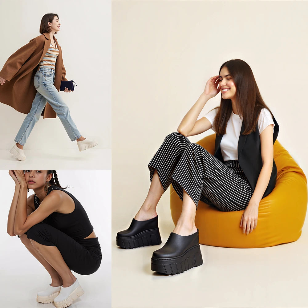 Fujin 14cm  Ladies Summer Shoes Slip on Genuine Leather Fashion Women Wedge Slipper Platform Wedge Sandals Sandals