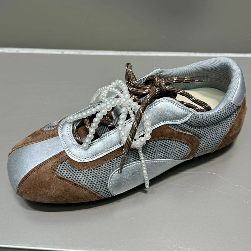 AUTUSPIN Women Mixed Colors Flat Sneakers Outdoor Fashion Retro Suede Leather INS Sneaker Ladies Splicing Mesh Training Shoes