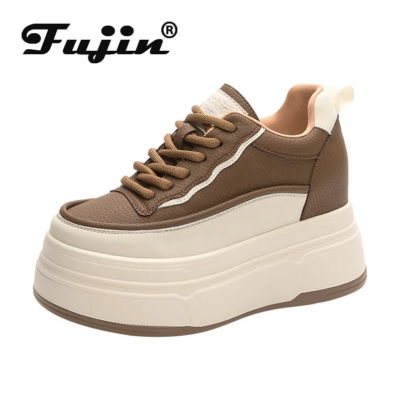 Fujin 9cm Women Platform Wedge Casual Autumn Cow Genuine Leather Woman Firm Ergonomic Ankle Boots Chunky Sneakers Spring Shoes