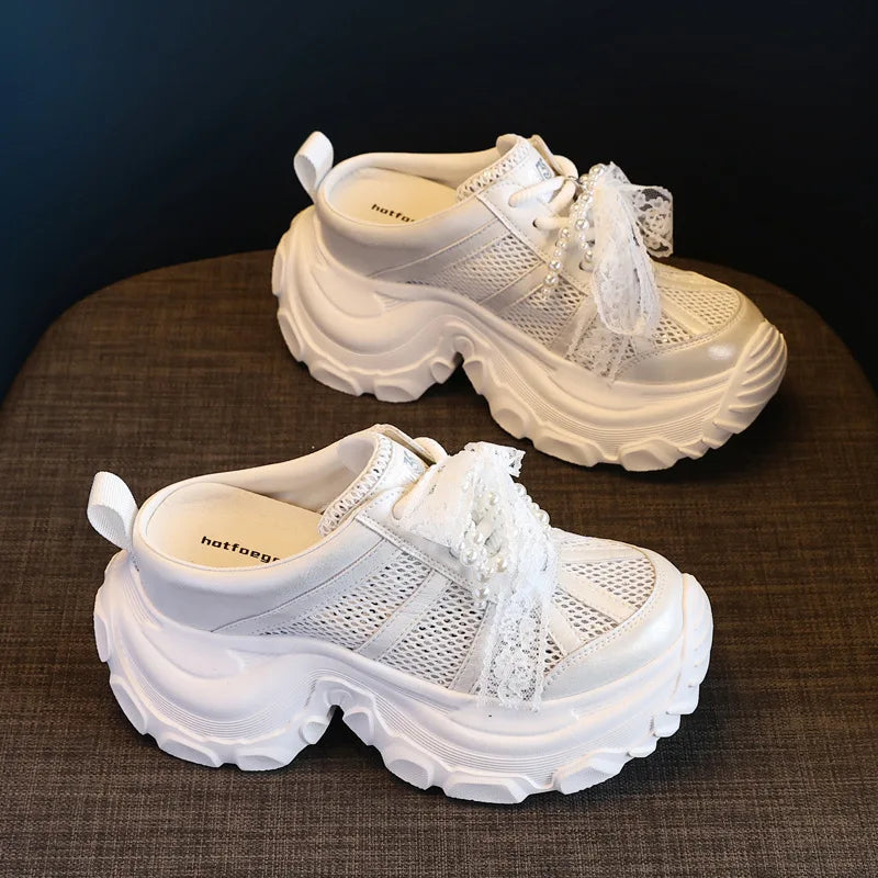 Fujin 8cm Air Mesh Synthetic Leather Sandals Platform Wedge Flats Breathable Women Summer Hollow Slipper Summer Sandals Shoes