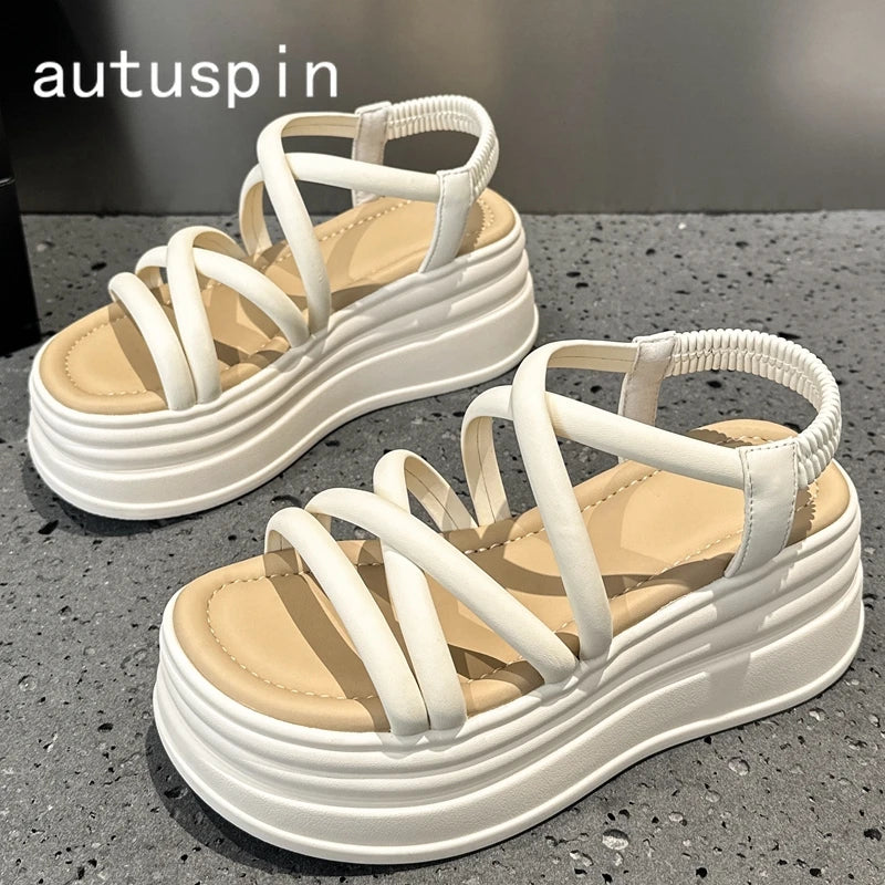 AUTUSPIN 7.5cm Fashion Women Rome Sandals New Arrival Ladies Leather Wedges Heels Female Outdoor Casual Platform Sandal Shoes