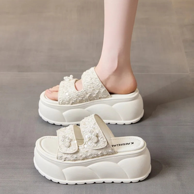 AUTUSPIN 7cm Women Sandals Summer Fashion Wedges Platofrms Shoes Leisure Slides Female Beads Decoration Slippers Size 34-39