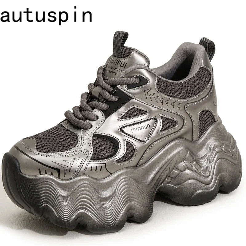AUTUSPIN Thick Soled Women's Vulcanize Shoes Retro Platform Ladies Leisure Sneakers 8cm High Wedges Chunky Female Footwear 34-39