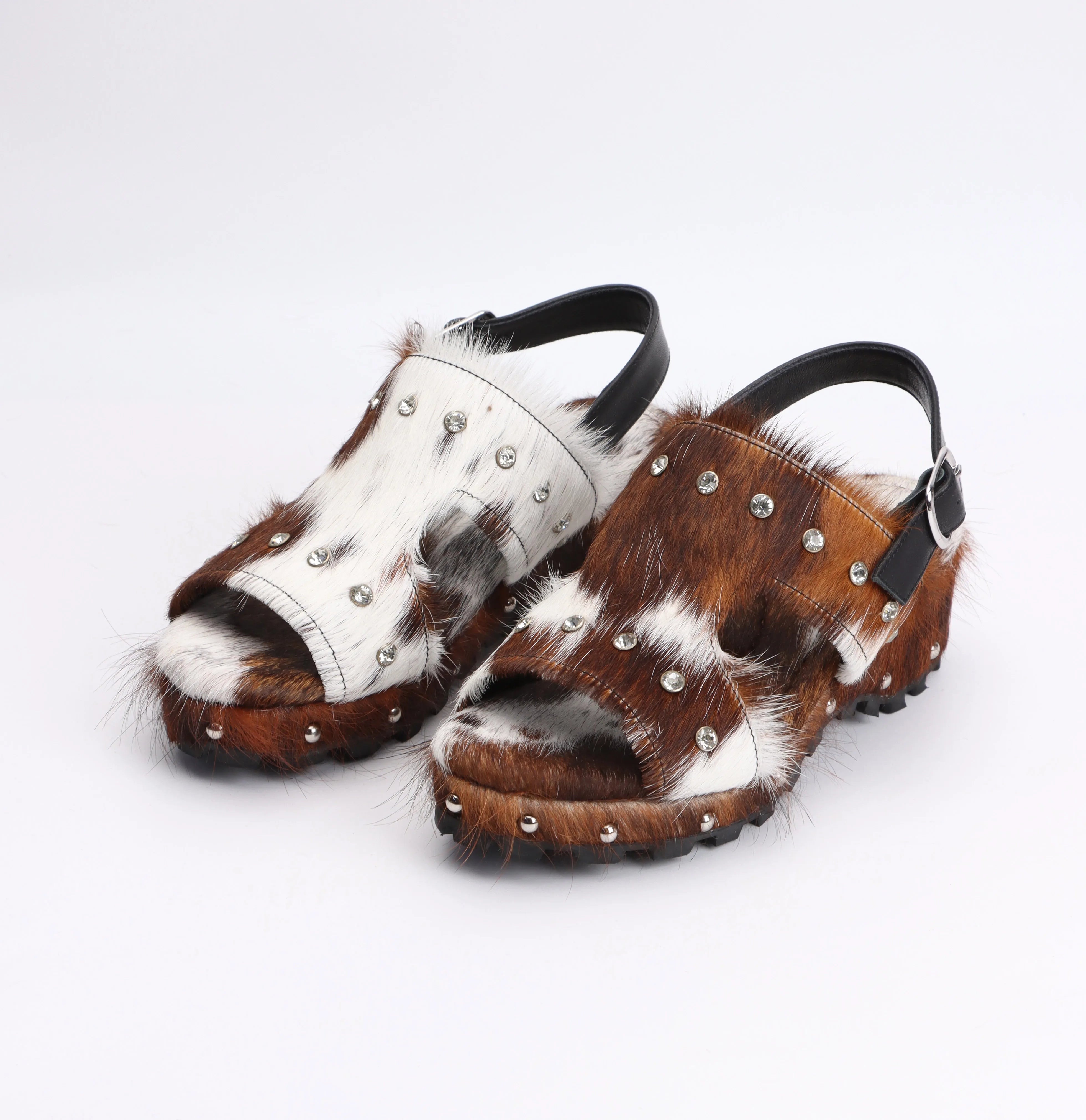 Luxury Horsehair Studded Mid Heel Rubber Sole Platform Sandals for Woman – Designer Shoes Sandals Woman Sandalias de Mujer