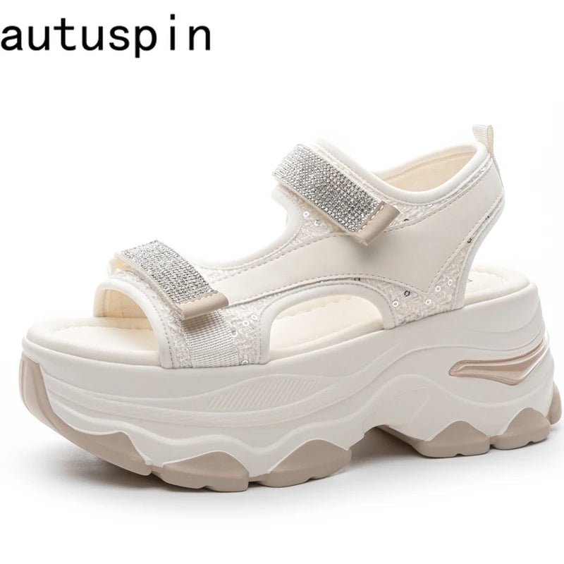 AUTUSPIN 7cm Thick Soled Sandals for Women Fashion Rome Style Flats Platform Female Shoes Summer Crystal Chunky Heels Sandal