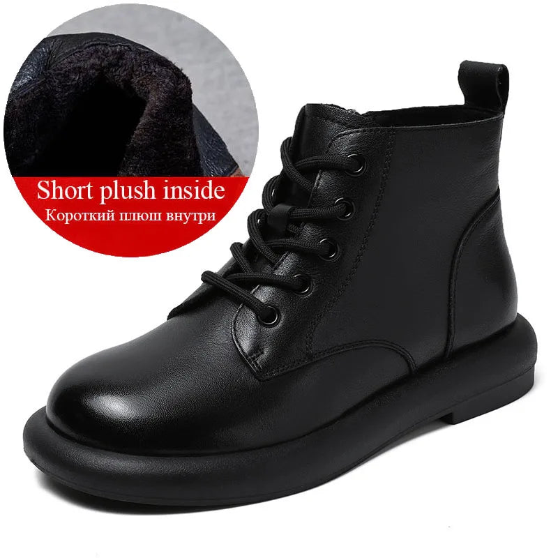 DRKANOL Autumn Winter Warm Flat Heel Ankle Boots For Women Handmade Retro Round Toe Genuine Leather Comfort Casual Short Boots